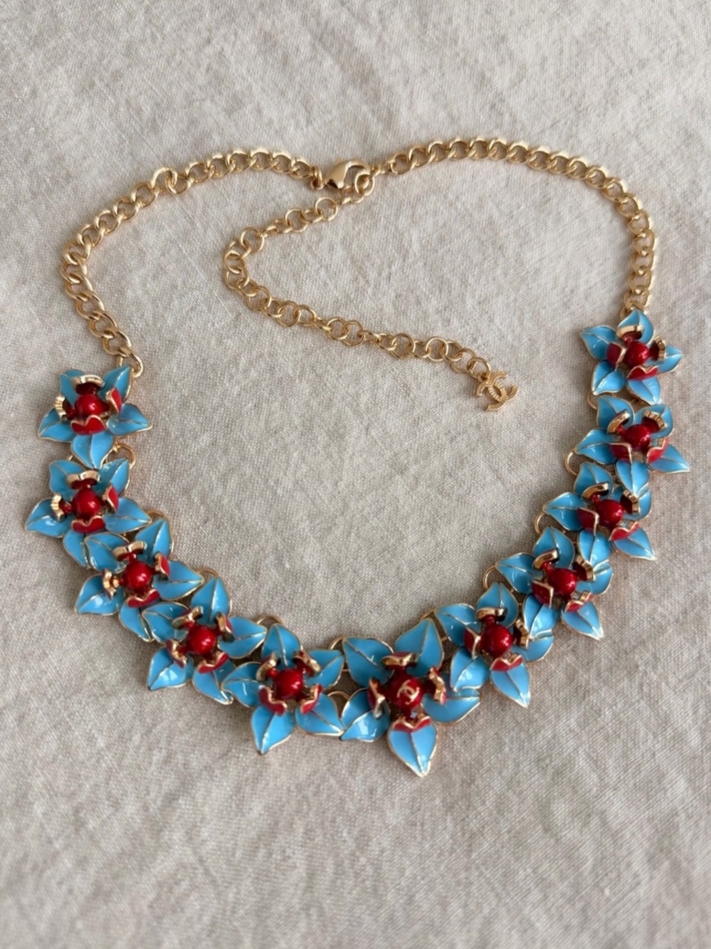 Chanel Blue & Red Floral Enamel Necklace